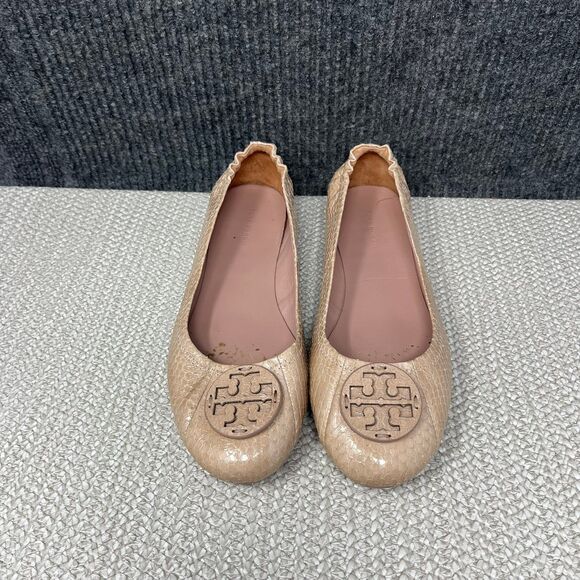 Tory Burch Shoes - Tory Burch Minnie Travel Foldable Ballet Flats Tan Snakeskin Leather Logo 8.5 M